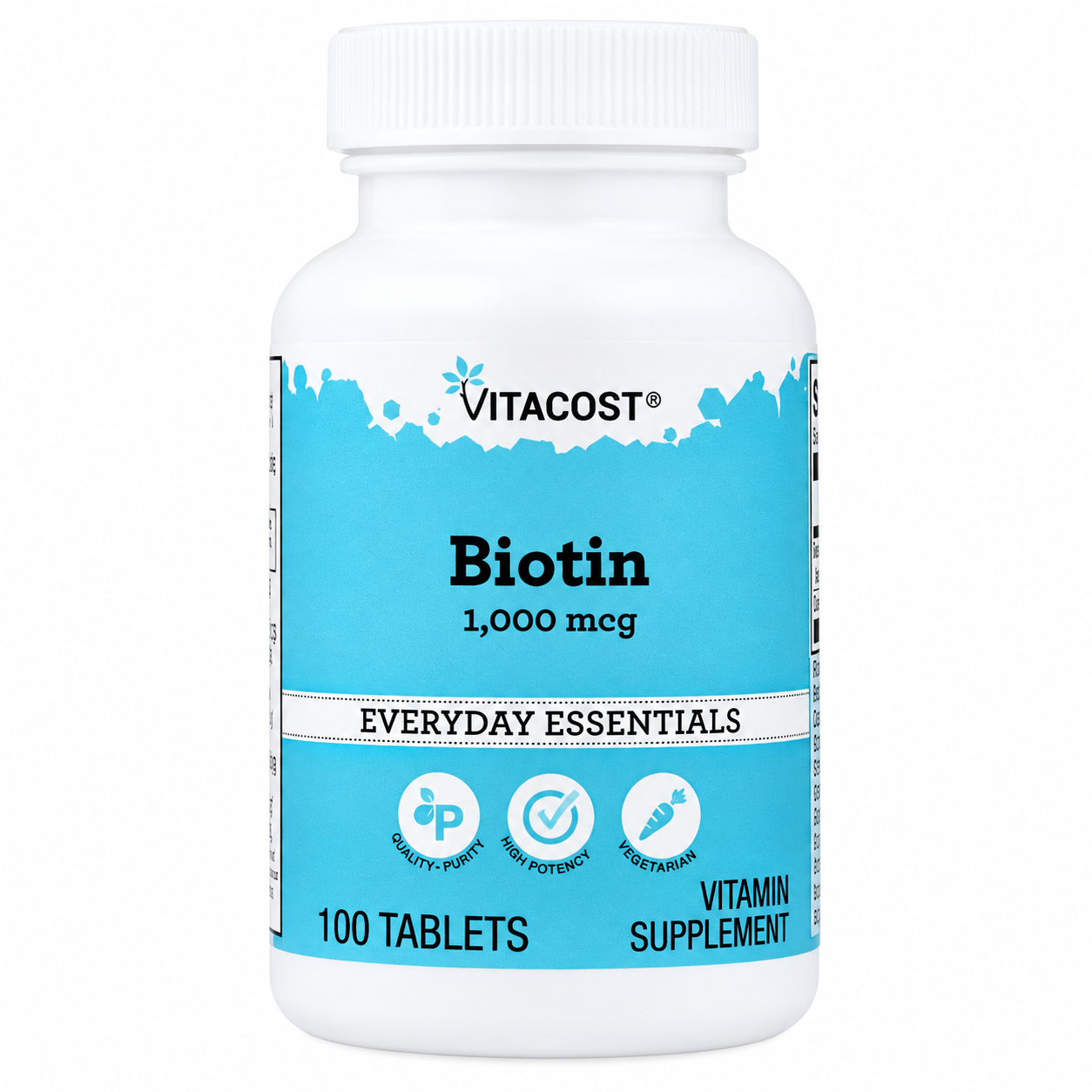 Бутылка биотина Vitacost на белом фоне